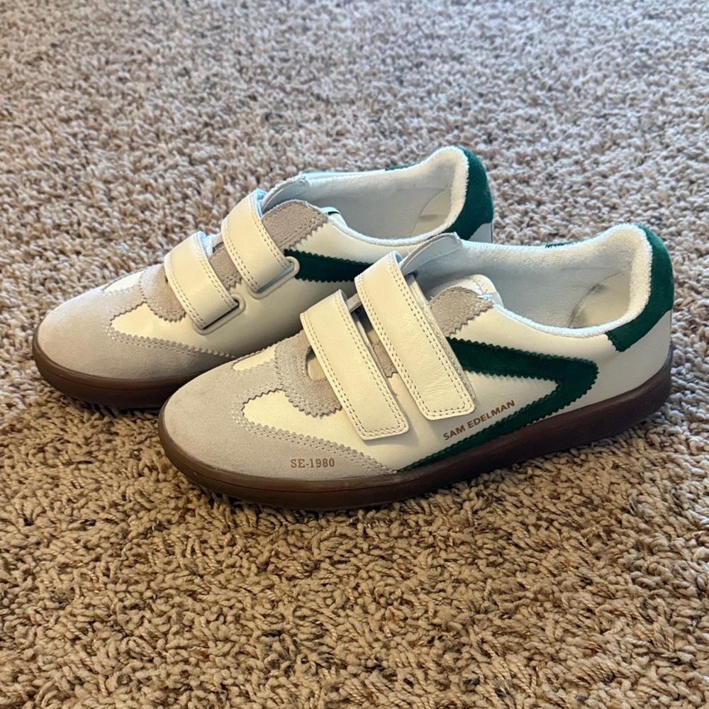 Sam Edelman White and Green Velcro Sneakers
